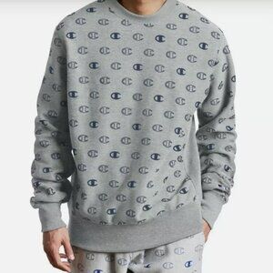 CHAMPION Mens Reverse Weave All Over Big C Logo Gray Crew Sweatshirt Size Medium